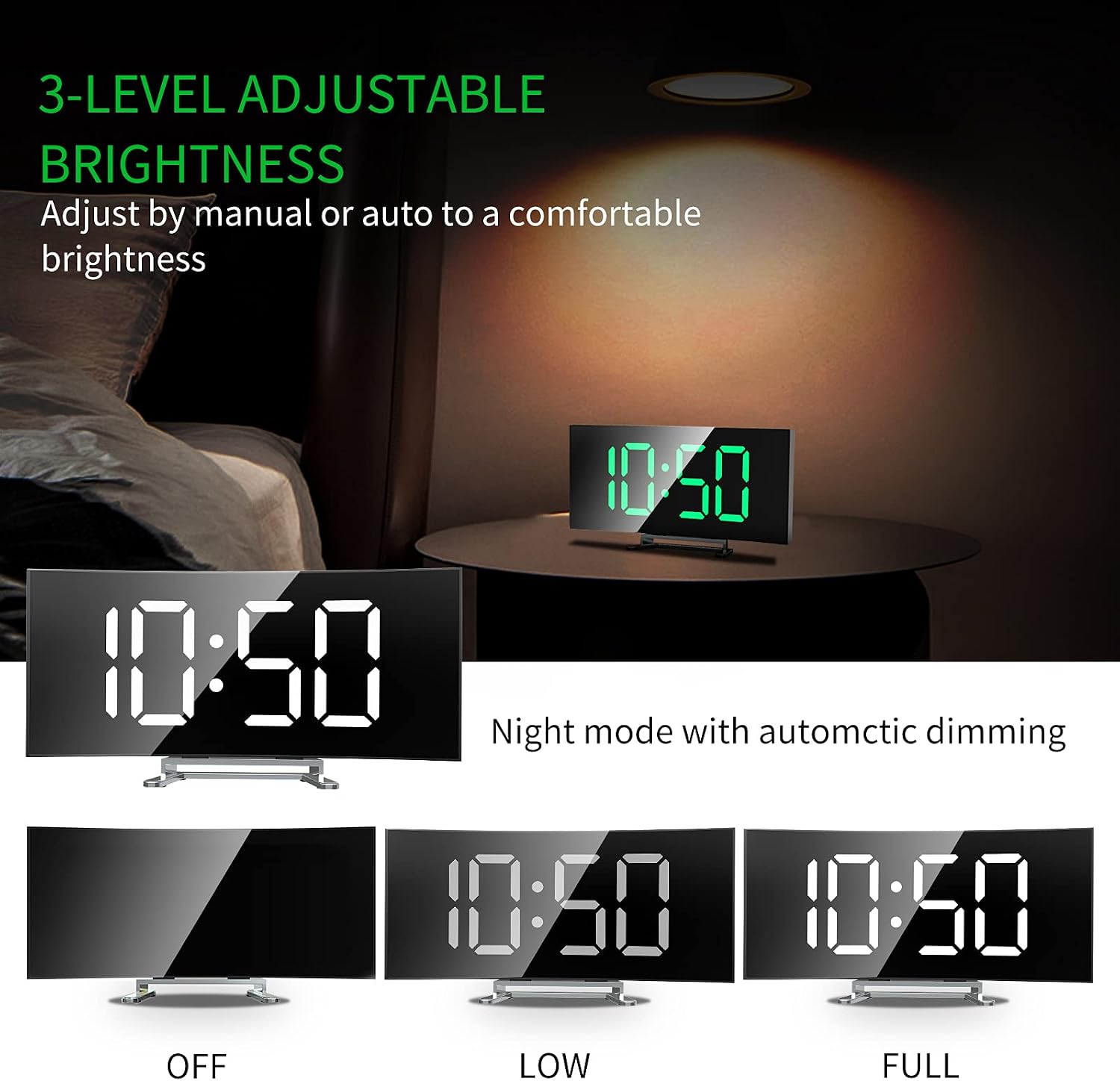 Digital Alarm Clock large display,Mirror Surface LED Electronic Clocks,Snooze Mode,12/24H,Auto/Custom Brightness,Modern Mirror Desk Wall Clock for Bedroom Home Office Table, for Kids and Adults（White）