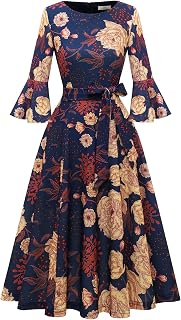 HomRain Women's Modest Bell Sleeve Church Dress - Vintage A-Line Midi for Wedding Guest, Cocktail Party & Tea Events