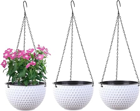Hanging Flower Pots, Set of 3, Self-Watering Hanging Plant Pots with Water Reservoir & Drainage Hole Honeycomb Hanging Basket with Rustproof Chains for Indoor Outdoor 6.5 8.2 10