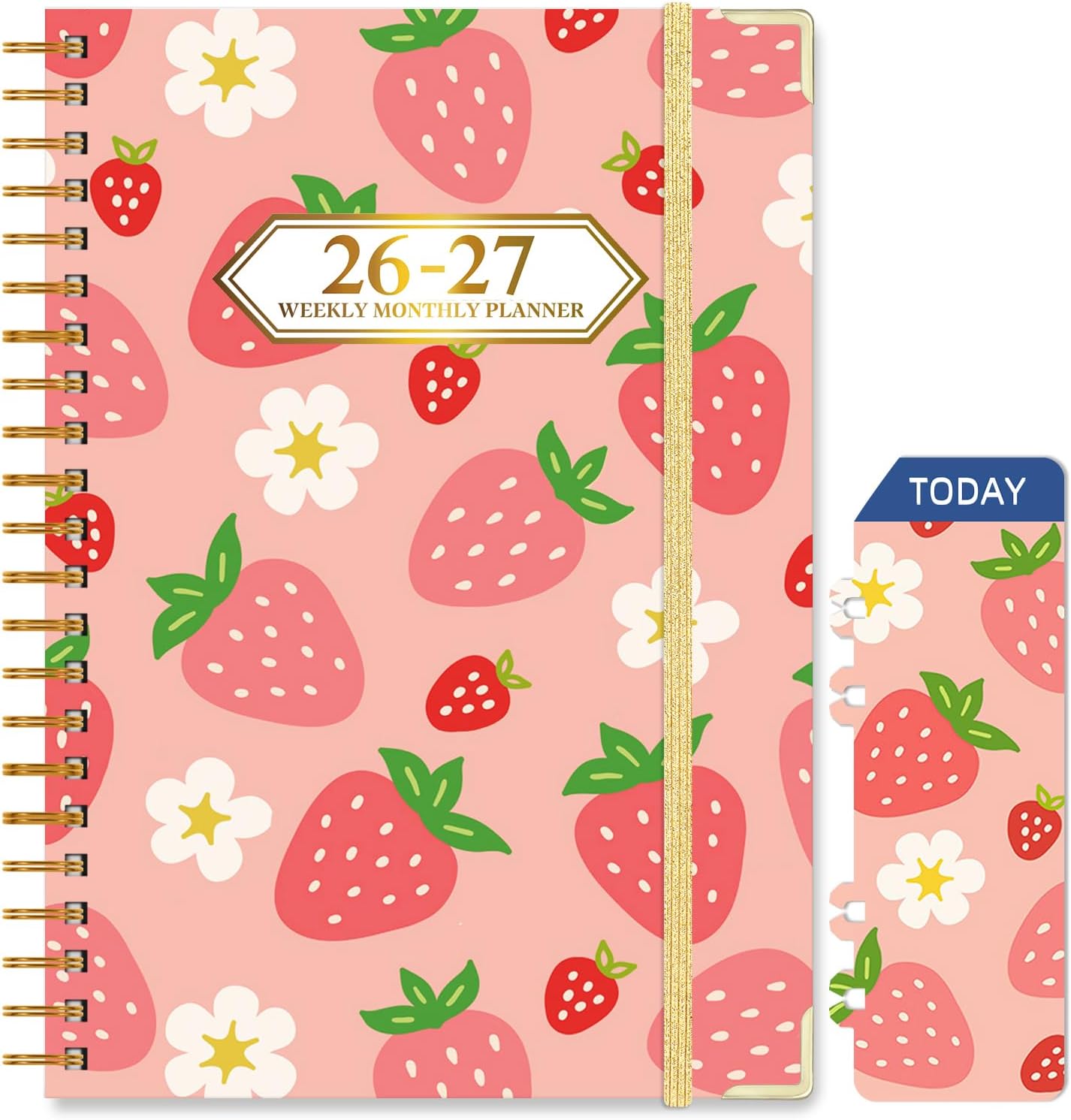 2026-2027 Planner, Jul.2026-Jun.2027 Planner Weekly and Monthly 6.25"x8.5" with Page Tabs, Calendar Hardcover with Inner Pocket, Elastic Band, Twin-Wire Binding, Bookmark, Strawberry Flowers