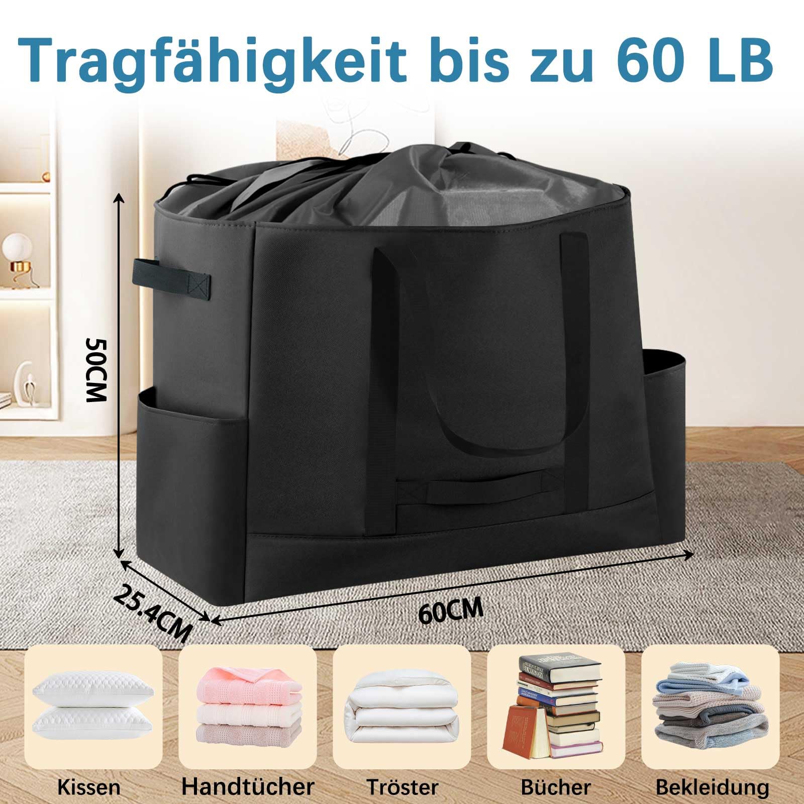 Extra Große Reisetasche, Erweiterbare Wasserdicht Transporttasche, Heavy Duty Tragetasche mit verstärkten Griffen, Faltbare Tote Bag für Reisen, Camping, Sport & Umzugskartons, 60x25.4x50cm