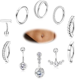 10Pcs Clicker Belly Button Ring for Women Surgical Steel CZ Belly Rings Simple Bar Reverse Curved Navel Rings Hoop Clicker Segment Belly Barbell Piercing Jewelry Gold Silver Rose Gold Tone 14G