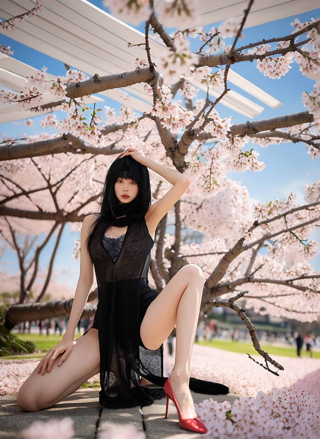 Women Goth Sheer Dress, Mock Neck Sleeveless Rave High Slit Dress with Hooded, EDM Music Festival Outfits - Image 3