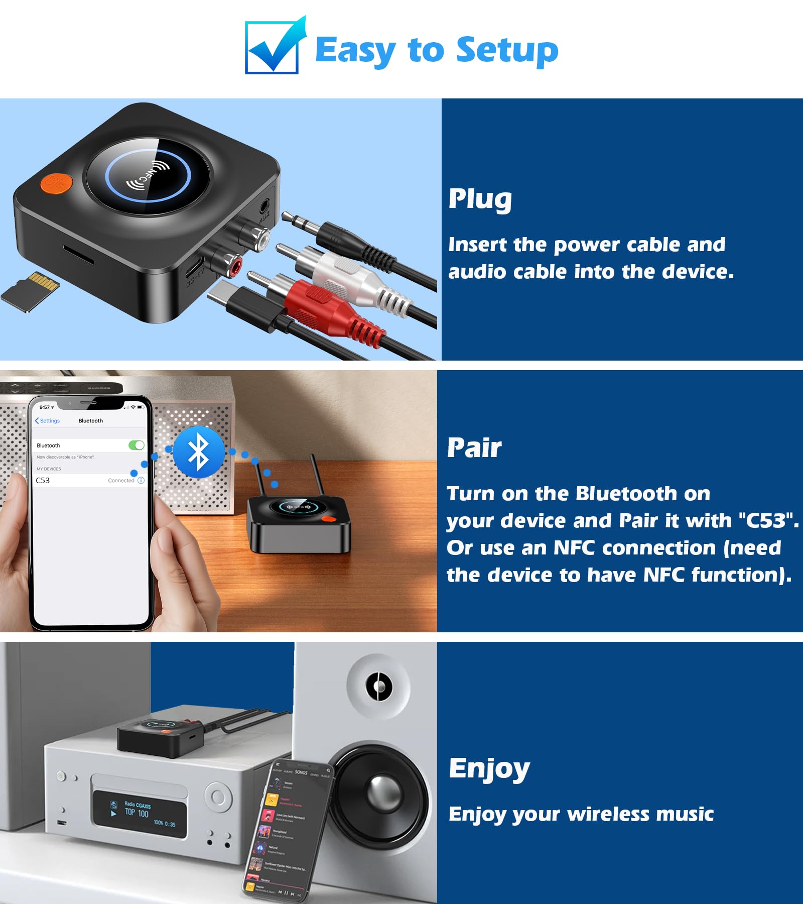 Bluetooth-Empfänger für Heim-Stereoanlage, AUX Cinch auf Bluetooth Adapter für alte Lautsprecher, NFC Wireless Audioempfänger für Musik-Streaming-Soundsystem, KAIY Konvertieren kabelgebundene