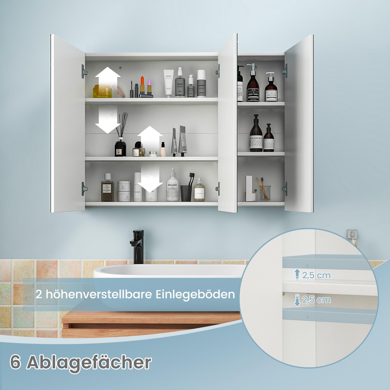 COSTWAY szafka łazienkowa z lustrem, lustro łazienkowe z regulowanymi półkami, biała szafka z lustrem, szafka ścienna z lustrem, szafka wisząca 87 x 11 x 65 cm