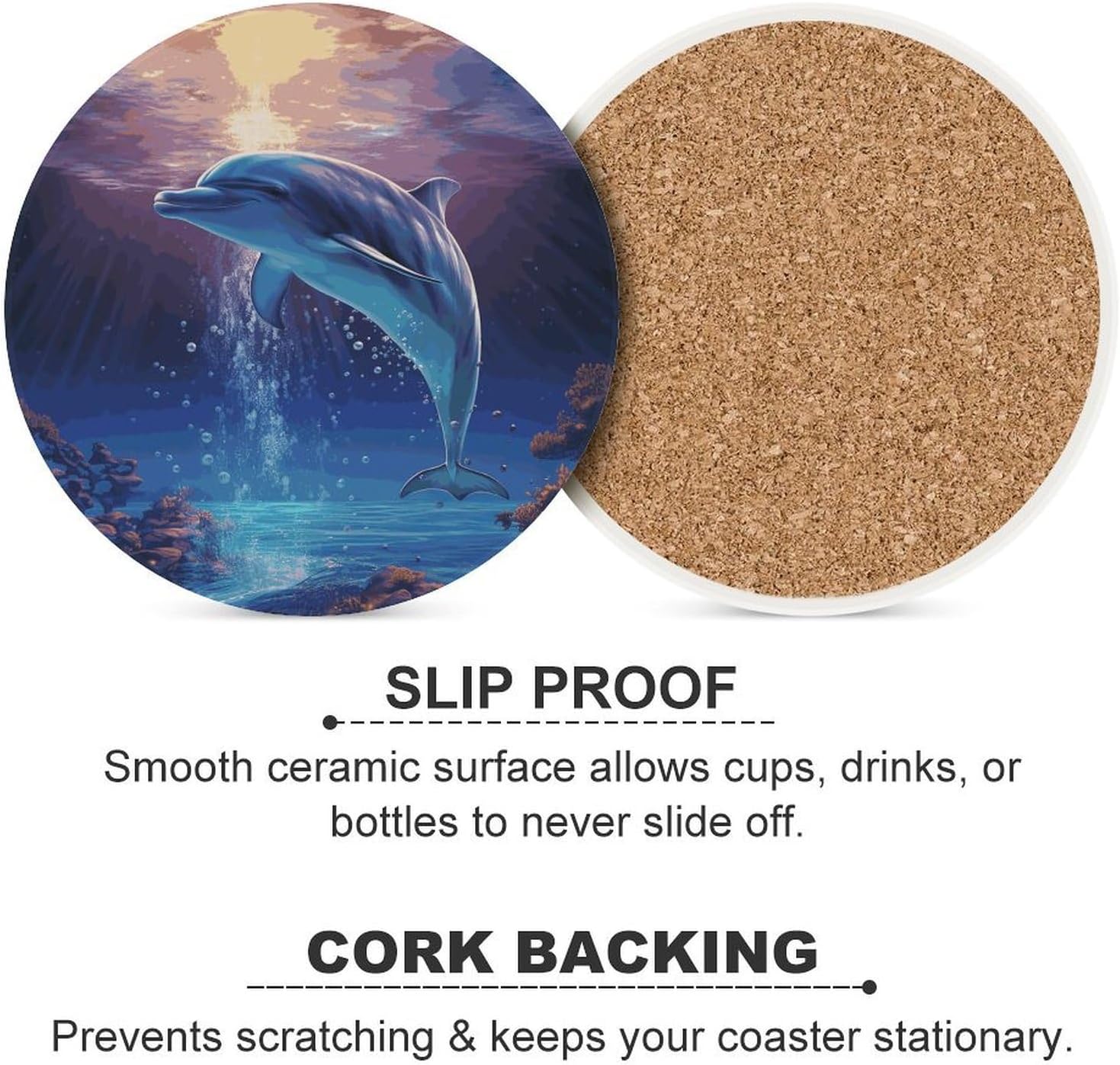 Ocean Dolphin Coasters Round Coasters Set Ceramic Stone Coaster with Cork Base Coffee Cup Beverage Cup Mat Cute Funny Table Drinks Coaster for Mugs and Cups Office Kitchen