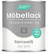 Grundmann Möbellack ACL 100 - Weiss 3 Kg - Lösemittelfrei & Geruchsarm - 4in1 Möbelfarbe inkl. Grundierung - Innen und Außen - Für Holz, Metall & Kunststoff - RAL 9010 Reinweiss