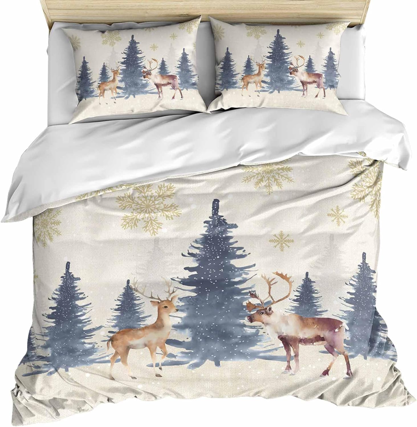 Christmas Elk Duvet Cover Set 3 Pieces with Zipper Closure, Navy Blue Ombre Xmas Tree Bedding Sets 1 Duvet Cover & 2 Pillow Cases, Deer Winter Snowflake Comforter Cover Set Duvet Cover California King
