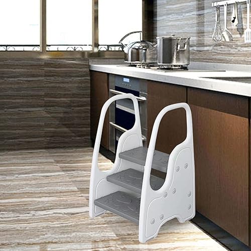 Miniatura 6 de Taburete de 3 escalones para niños pequeños, torre de pie para niños, taburete auxiliar de aprendizaje de plástico para encimera de cocina, estante