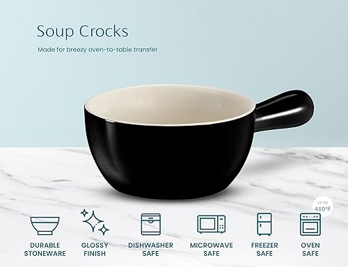 Miniatura 5 de Kook French Onion Soup Crocks, Stackable Ceramic Bowls with Handles, Oven, Microwave and Dishwasher Safe, for Cereal, Soups, Casseroles, with Negro