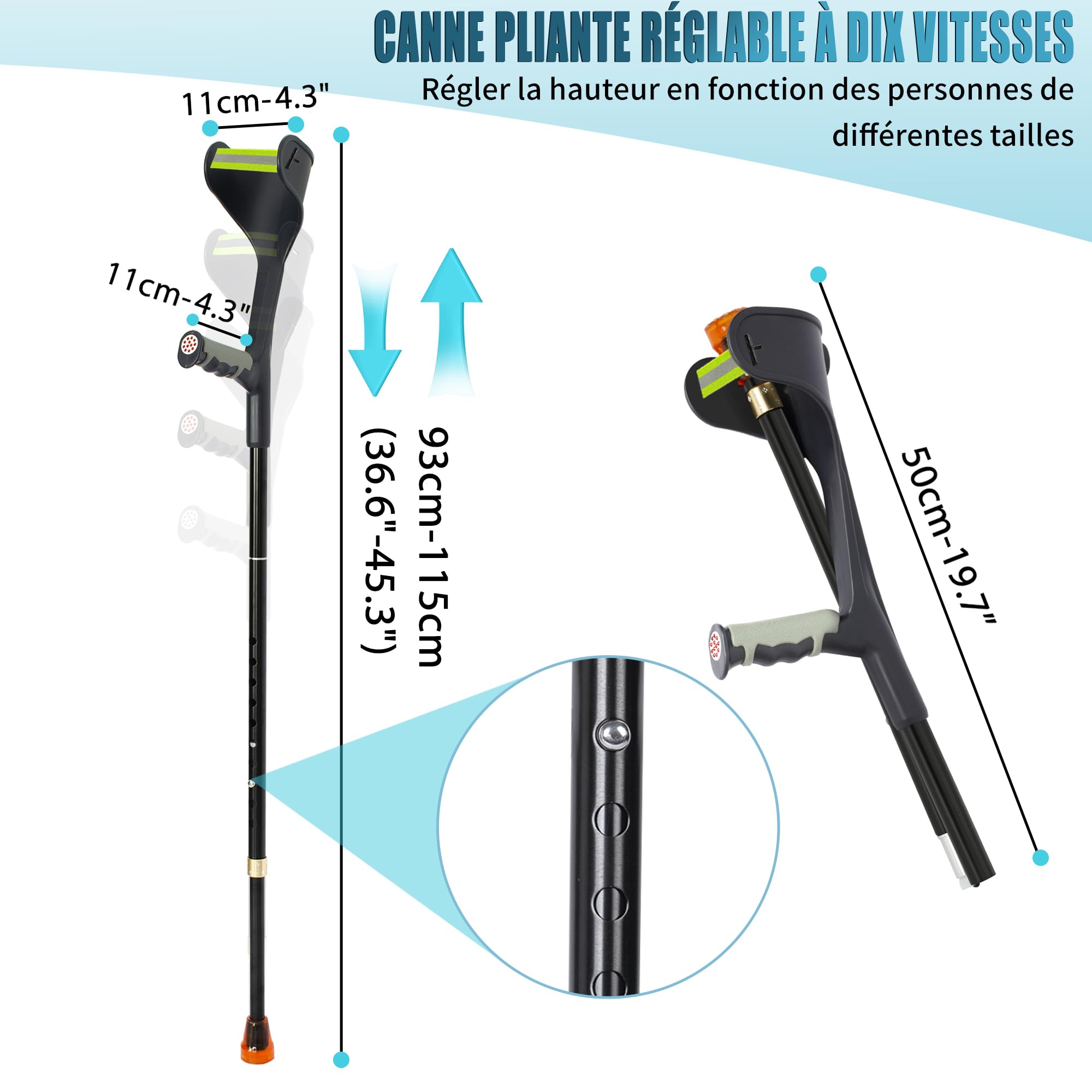 OUUTMEE Béquilles sous Aisselle Pliables, Charge Max 150KG, Noir | Lot de 2 Appui Axillaire Léger en Aluminium, Réglable en Hauteur, Charge Max 150KG, Pour Marche, Blessures et Rééducation