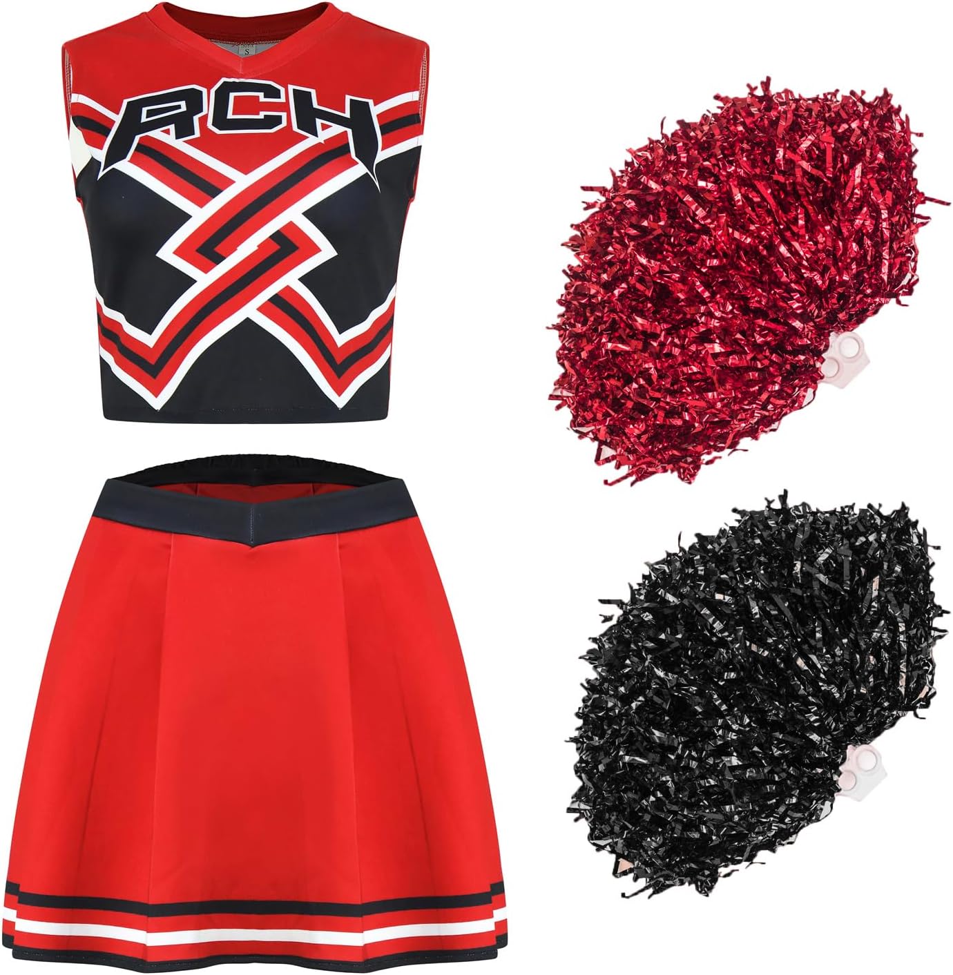 Women's Cheerleader Outfit with Pom Poms 2 Pieces Top Skirt Halloween Party Contest Cheerleading Costume