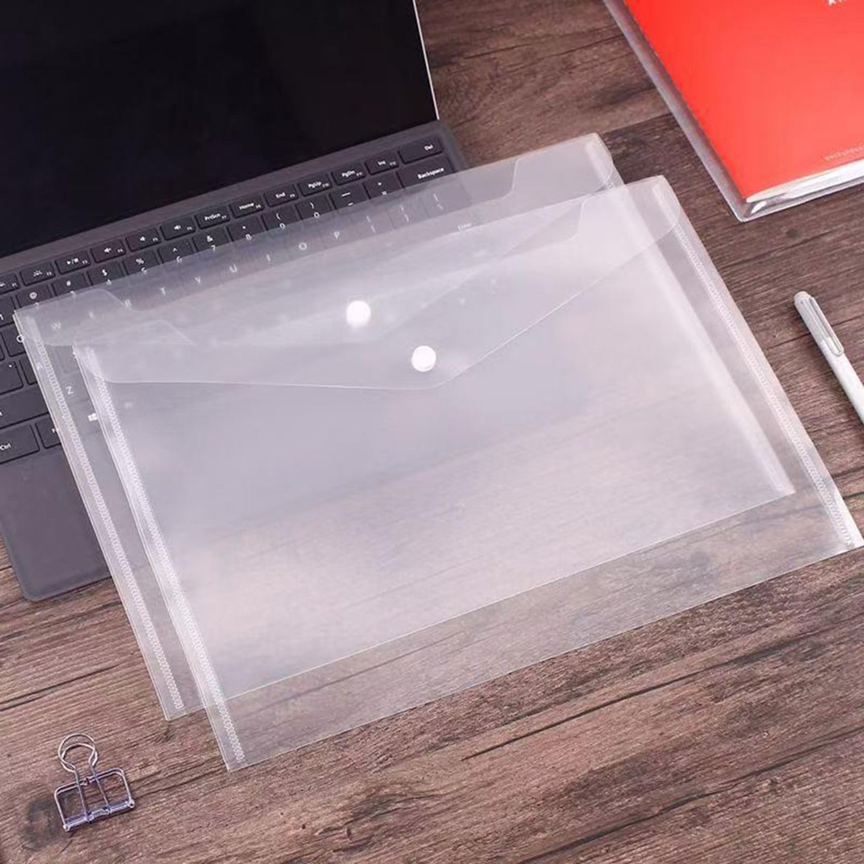 100 Pezzi Cartella Portadocumenti Impermeabile Trasparente con Bottoni, Formato A4, Materiale Plastico Ispessito per Ufficio Scolastico