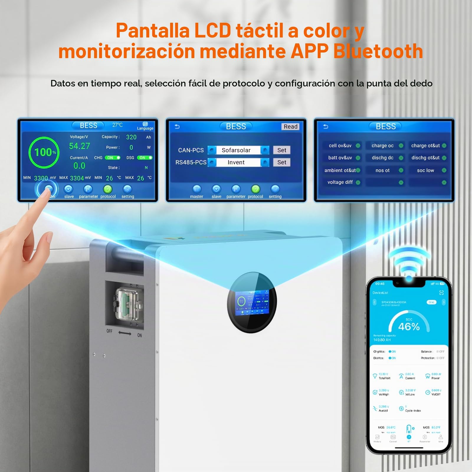 Batería LiFePO4, 48 V, 320 Ah, 16,384 kWh, almacenamiento de energía y disyuntores, 200 A, BMS RS485/CAN/RS232 con Bluetooth/WiFi para la alimentación de emergencia en el hogar, sistemas