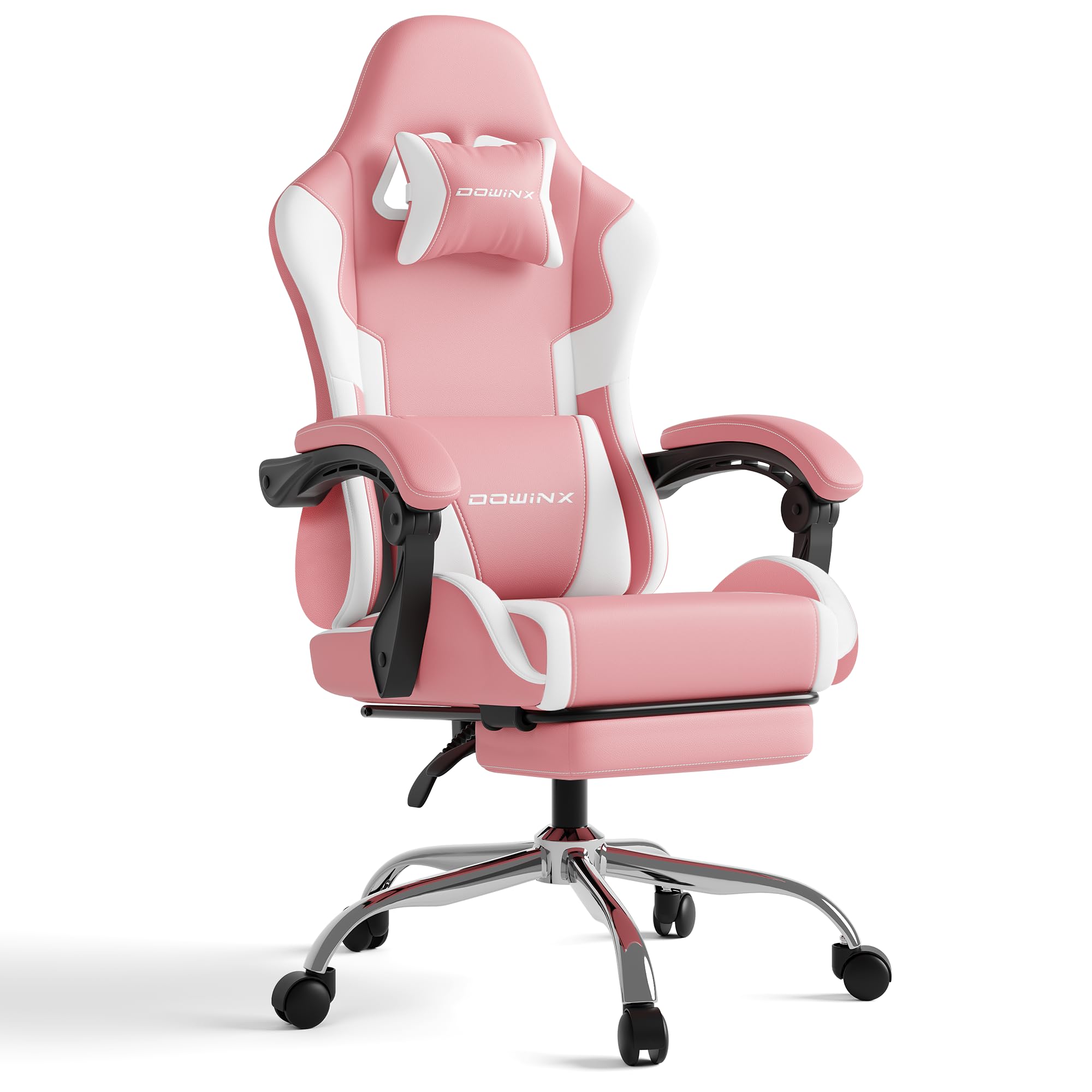 Dowinx Gaming Stuhl, Ergonomischer Gamer Stuhl für Büro und Home Office, Verstellbarer Bürostuhl mit Rückenlehne bis 150°, mit Fußstütze, Belastbar bis 180 kg, Rosa