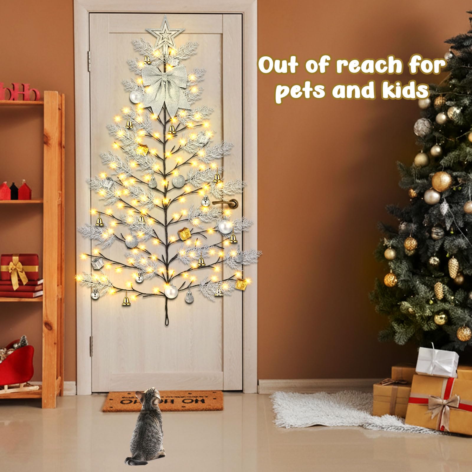 Leyndo Sapin de Noël mural 144 LED de 1,5 m avec lumières 8 modes, télécommande, boule de Noël, nœud, étoile, cloche, pin pour salon, bureau, école, décoration murale de Noël (argent)