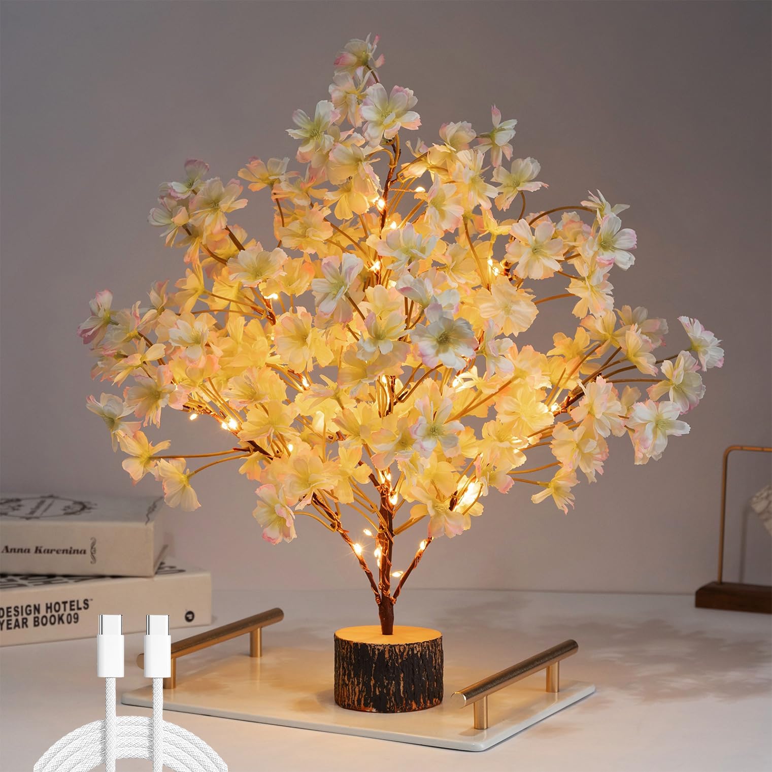 Flopttsun 19'' Lighted Cherry Blossm Tree,Led Flower Tree Lamp with Timer, Artificial Bonsai Tree Battery or USB-C Operated for Bedroom Indoor Home Spring Summer Wedding Decor(White Pink)