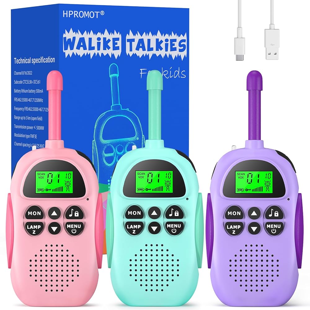 HPROMOT Walkie Talkies for Kids Rechargeable 3 Pack Walkie Talkies, Long Range 22 Channels 2 Way Radio Kids Birthday Toy Gift for 3-12 Year Old Boys Girls Outdoor Adventures Camping Hiking