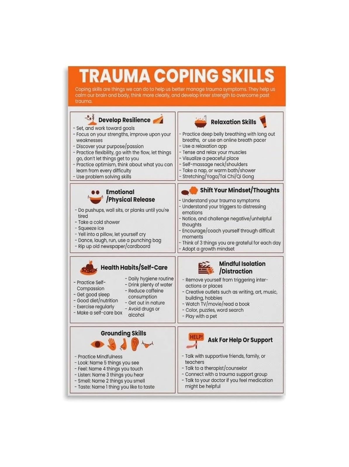 ZDVHOMCB Trauma PTSD Coping Skills Educational Poster Mental Health Awareness Chart Therapist Office Decor School Classroom Counseling Resources Unframed,12x18inch(30x45cm)