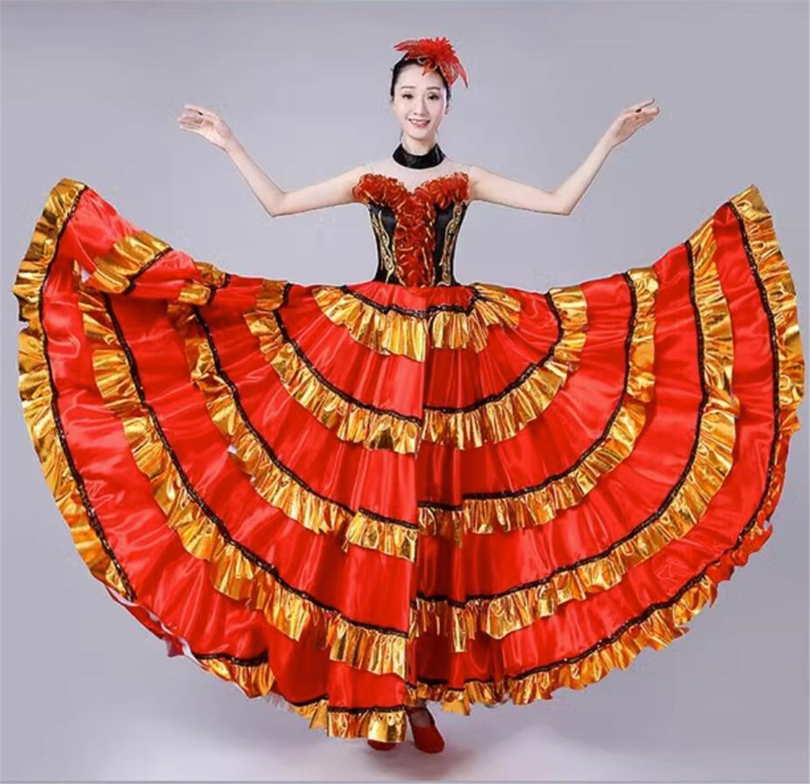 OTMYIGO Las Mujeres Vienen a Bailar Falda Gitana española Flamenco satén poliéster Sedoso Gran Columpio Carnaval Fiesta Vestido de salón Traje de Danza del Vientre