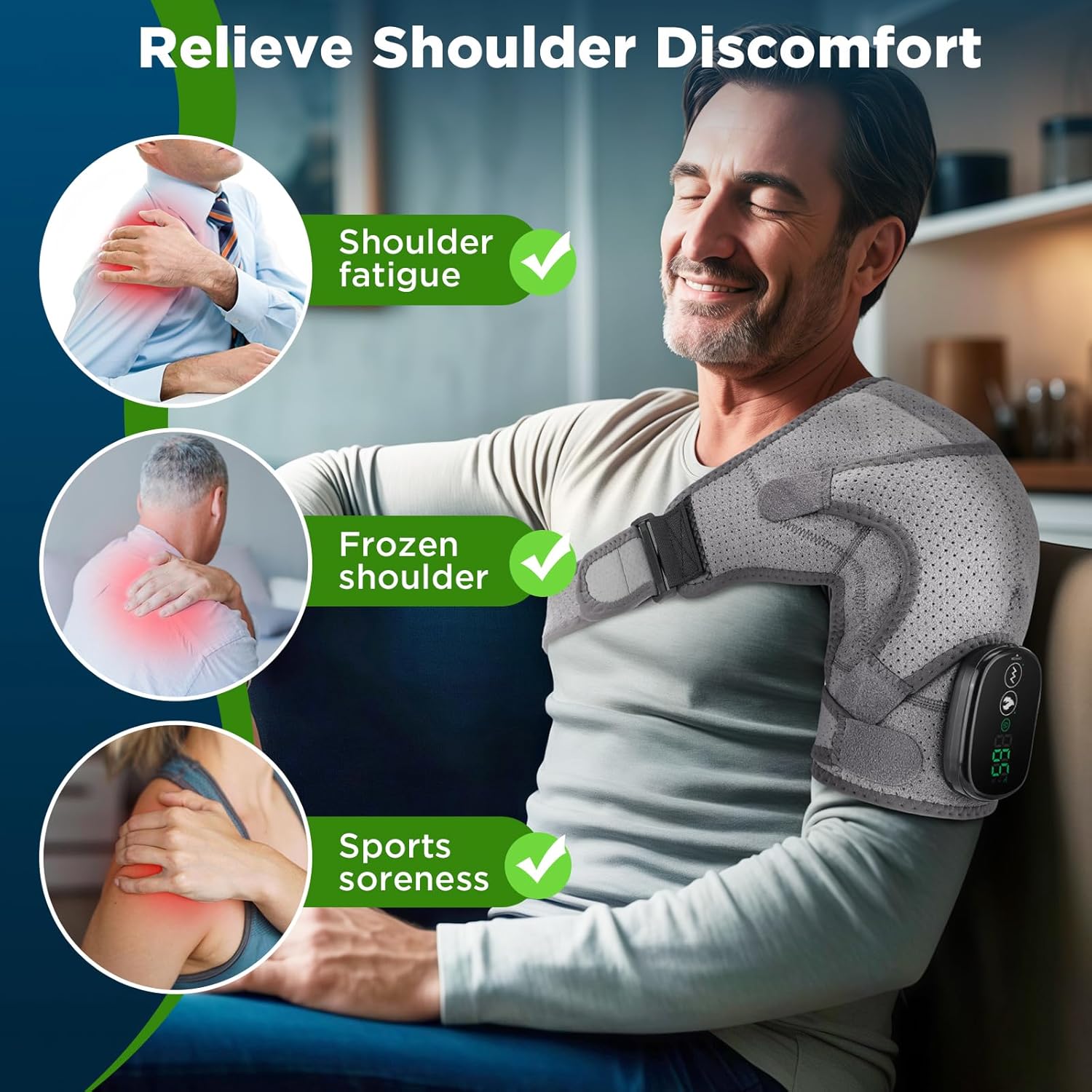 Cordless Shoulder Heating Pad, Heated Shoulder Brace for Men Women Rotator Cuff Pain Relief, Heated Shoulder Wrap with 3 Heat Levels and 3 Vibration Modes for Shoulder Discomfort Relief (Grey)