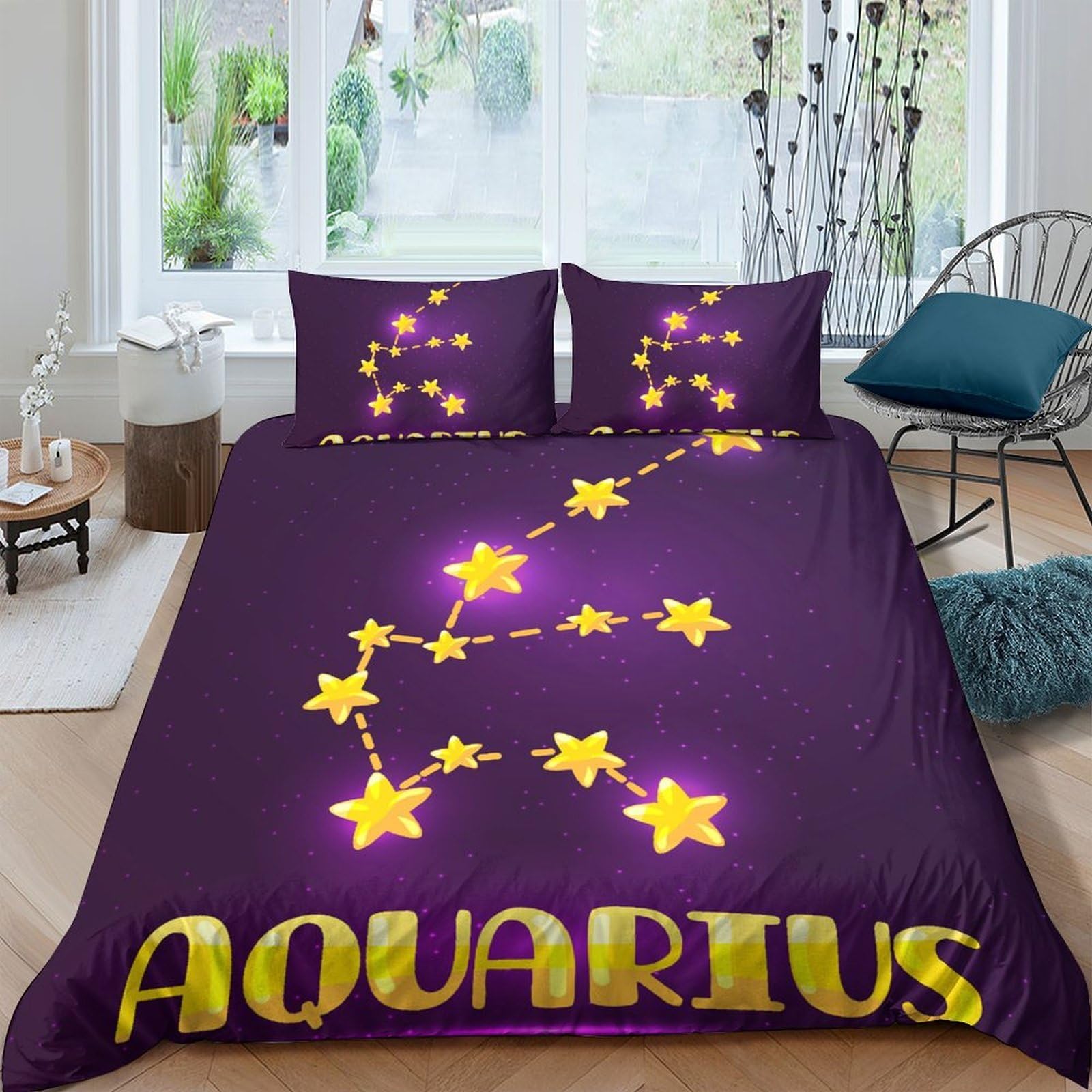 Ctjqhvkz Style-10 3D Printed Zodiac Aquarius Fitted Sheet Microfiber Purple Star Constellation Mattress Cover Bedroom Decor Single（135X200cm）