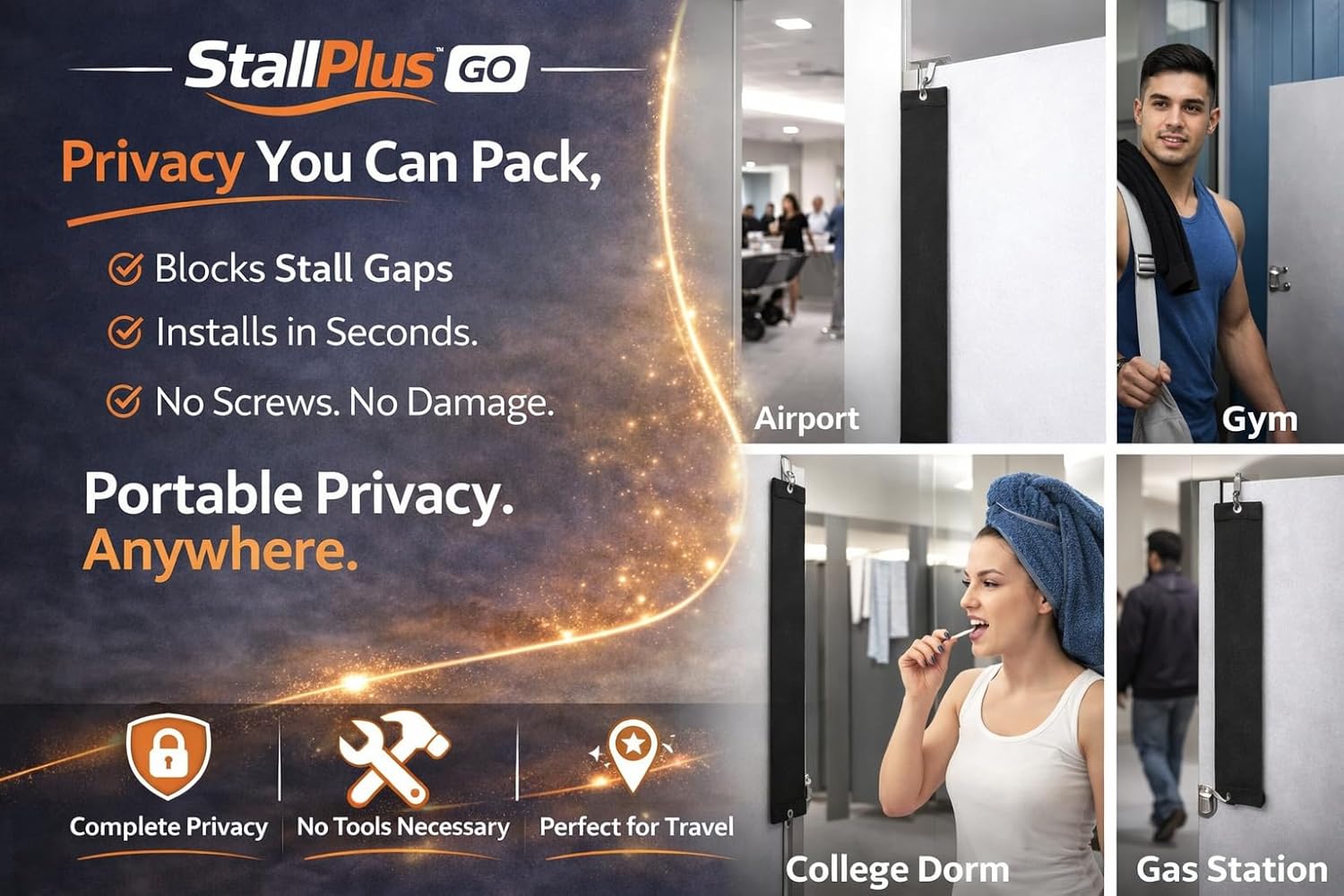 StallPlus GO Restroom Privacy Cover – Travel Stall Door Gap Blocker with Hook & Weighted Bottom