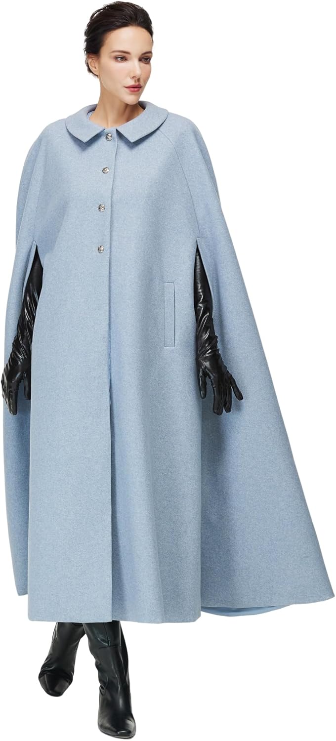 Women Wool Blend Single-Breasted Cape Coat Vintage Jacket Outwear with Pockets for Fall Winter