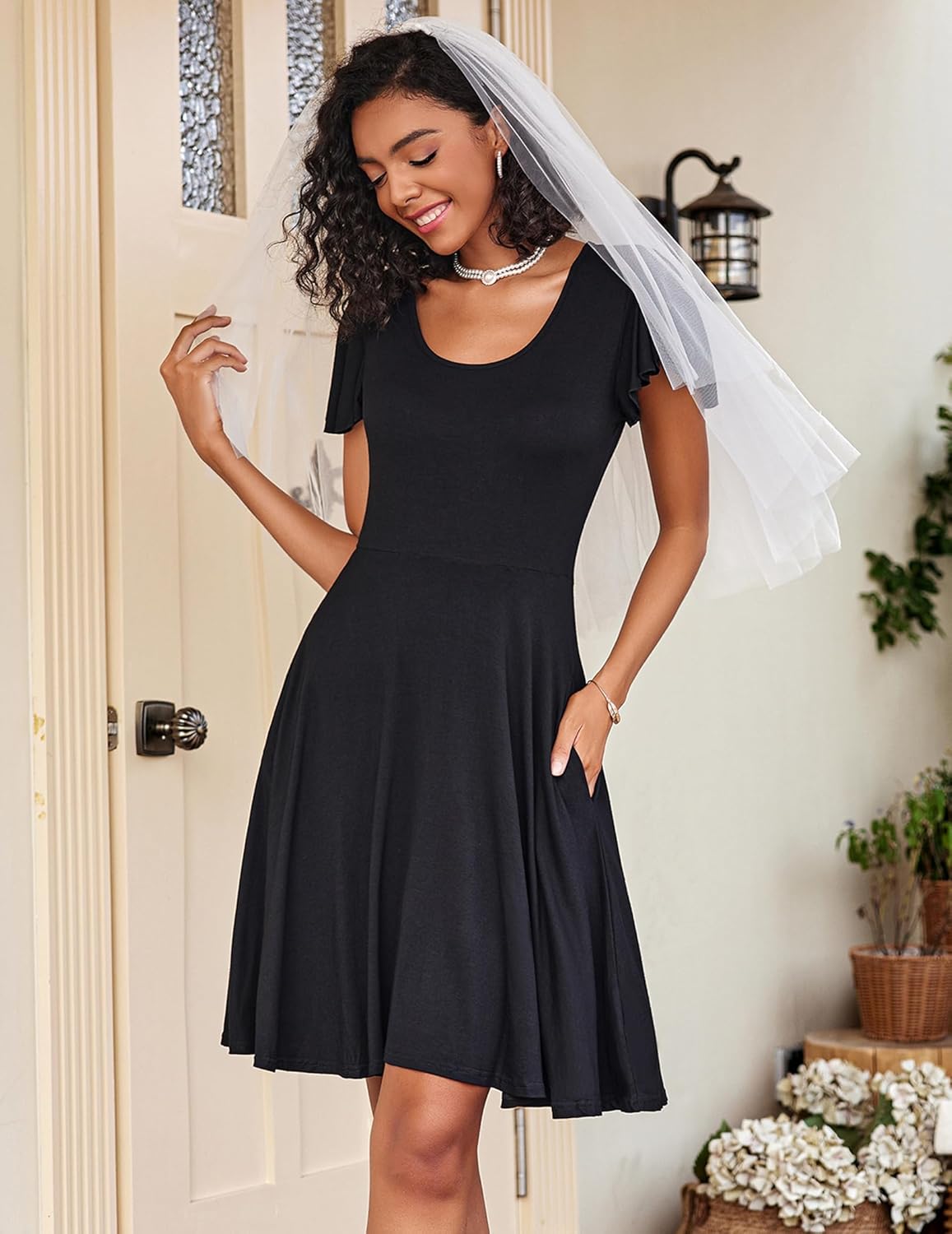 HOTOUCH Women's Casual Dress Floral Summer Dress Ruffle Sleeve Crewneck Flowy Swing Mini Dresses with Pockets - Image 3