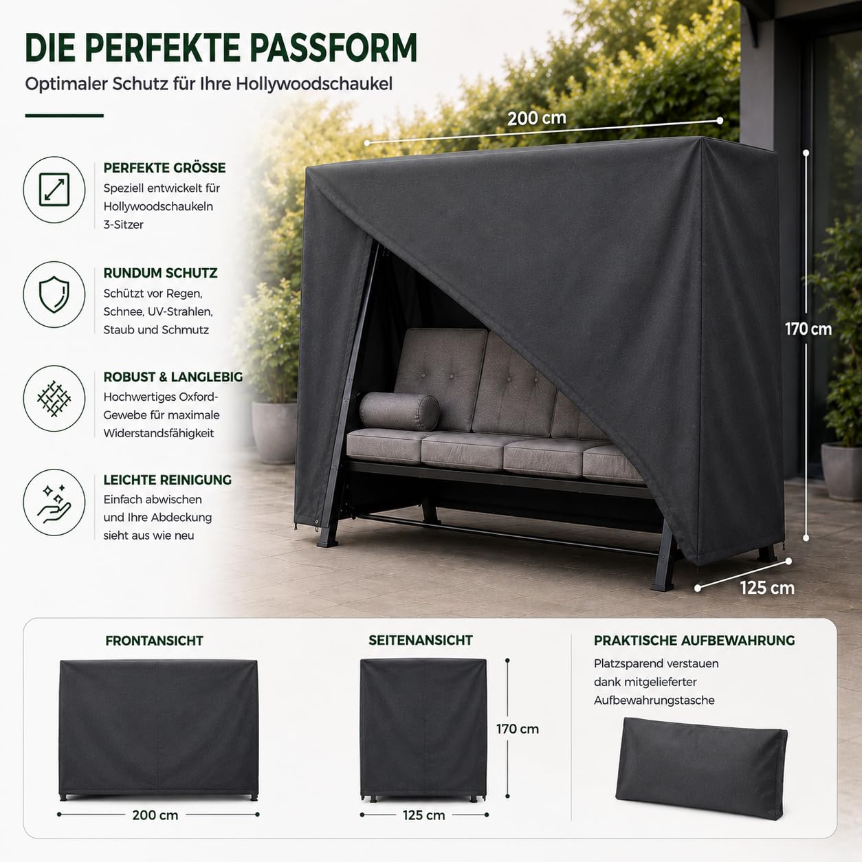 Abdeckung Hollywoodschaukel, für 2,3,4-Sitzer, wasserfest & Winddicht & UV-Schutz Schutzhülle - reißfeste Plane Gartenschaukel & Schaukelbank - 210x150x150cm