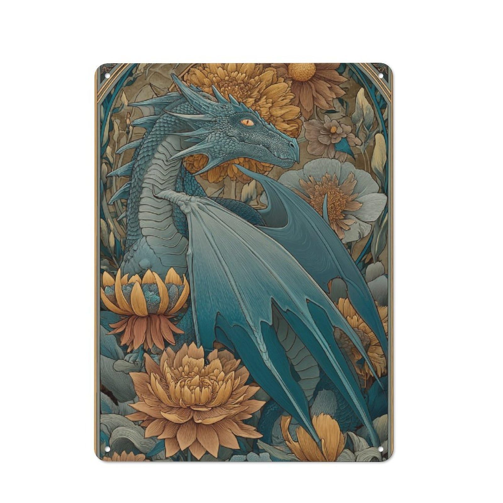 Junmoney Dragon's Floral Embrace Rustic Metal Sign 40X30cm For Pub Or Café, For Collectors Of Rustic Metal Wall Decor