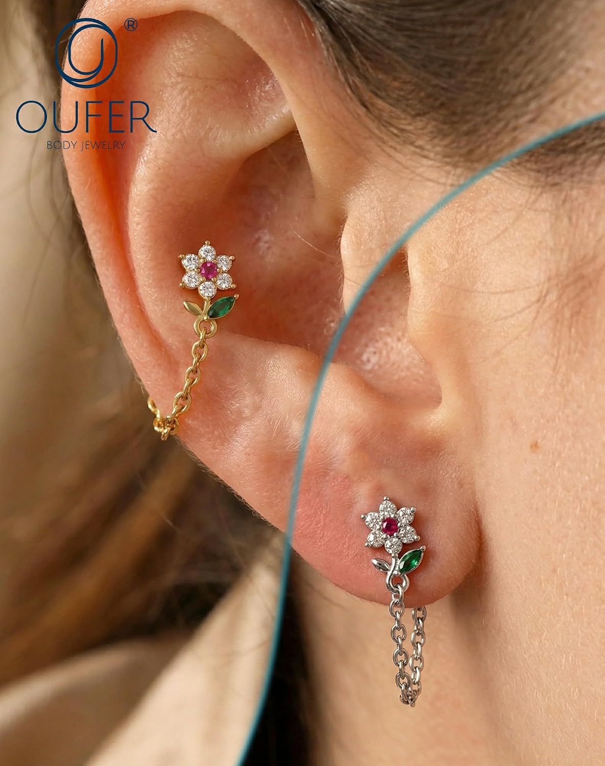 OUFER 16G Threadless Flat Back Cartilage Stud with Chain Dangle, Flower CZ Cluster Labret for Helix/Conch/Tragus/Lobe, 316L Stainless Steel, 6mm Post