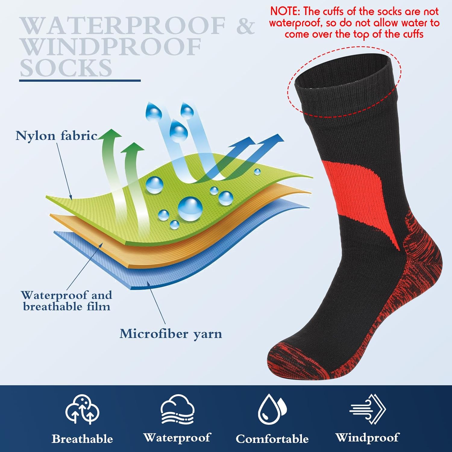 Jeyiour 2 Pairs Waterproof Socks Unisex Waterproof Breathable Outdoor Skiing Hiking Wading Fishing Socks for Men Women - Image 5