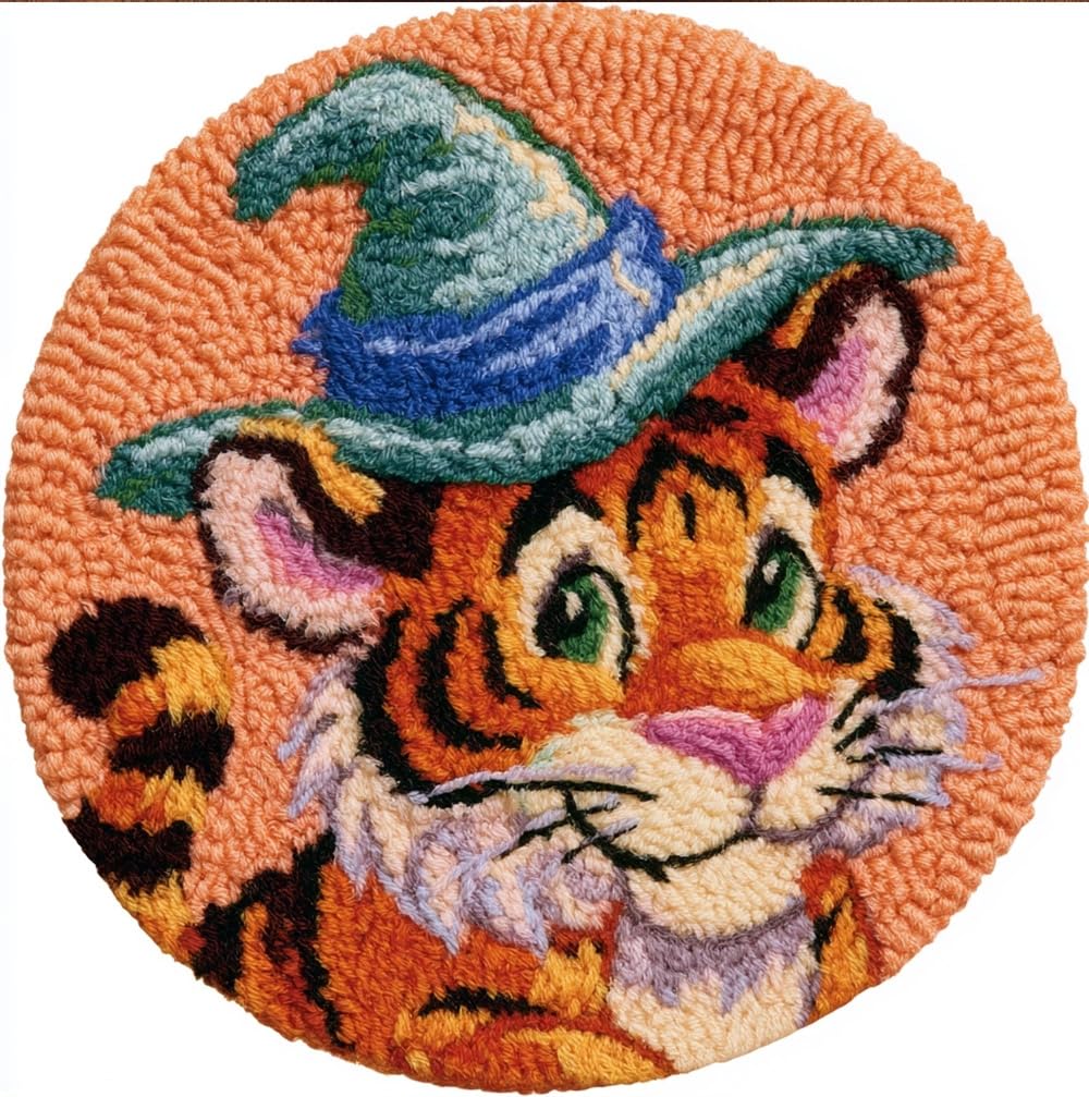 kitphoenix DIY Latch Hook Rug Kit for & Adults -Tiger Wearing A Hat 20X20Inch (50X50Cm) Cross Stitch Carpet Making Crochet Embroidery Needlework Crafts - Home Decor Project