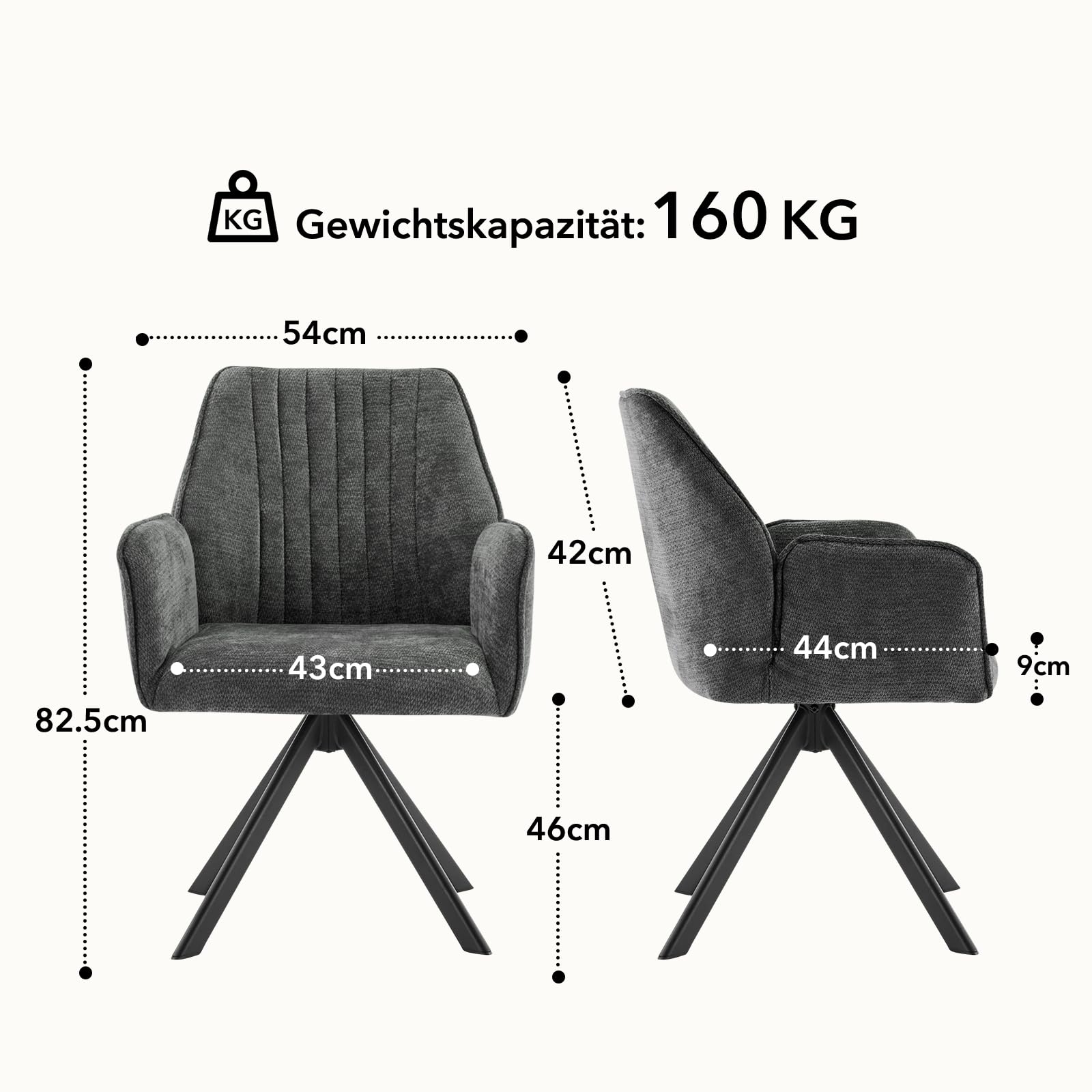 2er Set Esszimmerstühle Drehbar mit Armlehne, 360°Drehbar Polsterstuhl Küchenstuhl aus Chenille, Stühle Esszimmer Schminkstuhl Drehstuhl mit Metallbeine für Esszimmer Schlafzimmer, Dunkelgrau