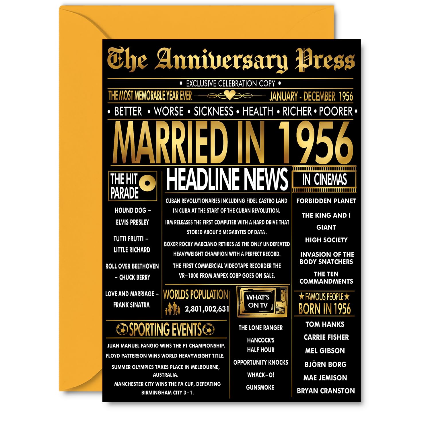 Gold 70th Anniversary Card for Men Women - Golden Newspaper Married in 1956-70 Year Wedding Anniversary Card for Companion Husband Partner Wife, A5 Anniversaries Greeting Cards