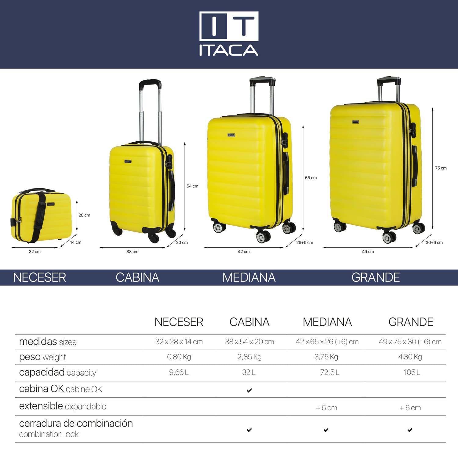 ITACA - Maletas Grandes De Viaje Rígidas Ligeras con 4 Doble Rueda 360° Maleta Grande 23 Kilos Alta Resistencia Extensible Maleta XL Duradera, Amarillo