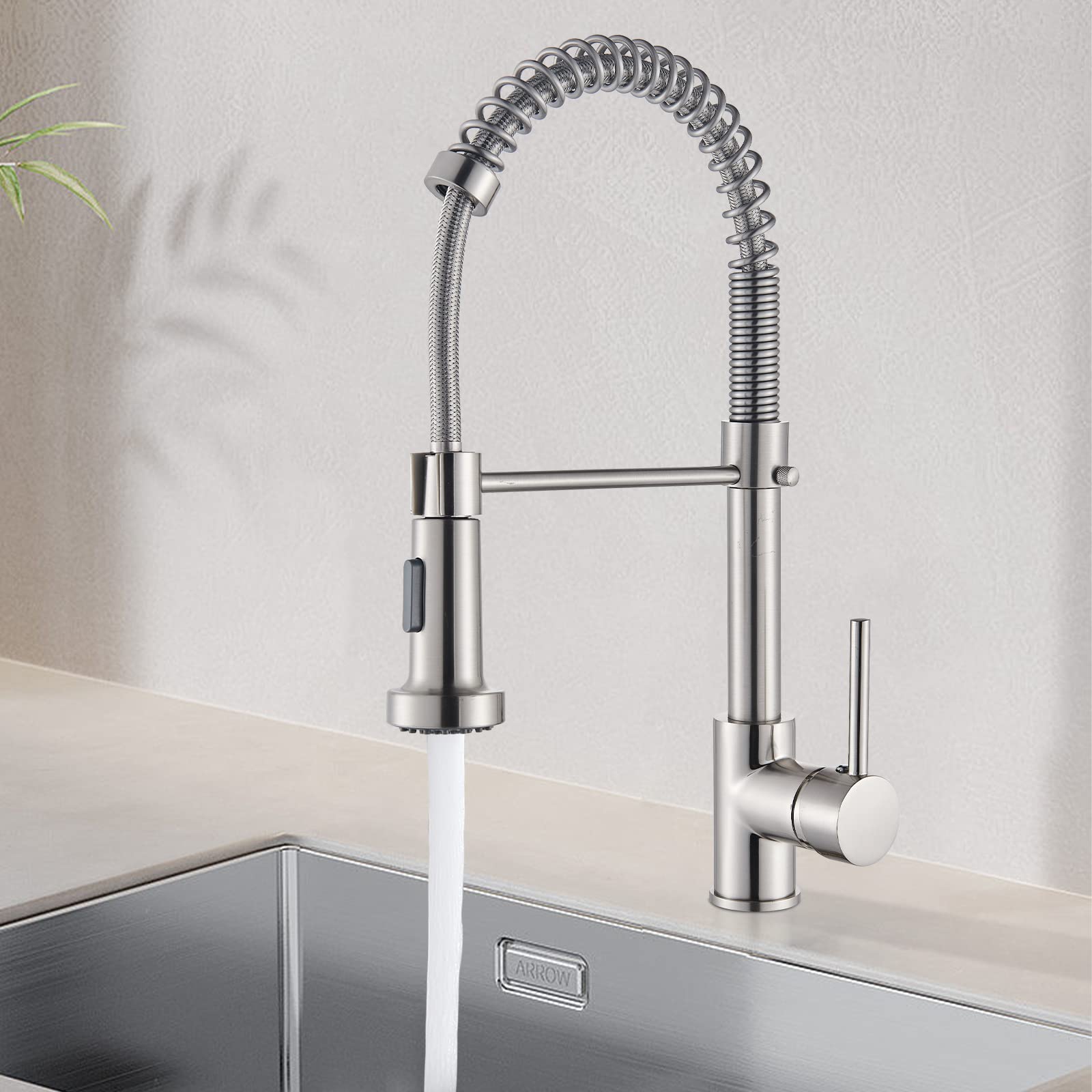 Suguword Grifo de cocina de baja presión, extensible, grifo mezclador de cocina, giratorio 360°, acero inoxidable, grifo monomando con muelle en espiral, cepillado