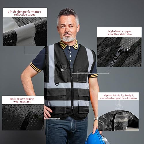 Miniatura 3 de Chaleco de seguridad con bolsillos y cremallera para mujeres y hombres, chaleco reflectante de alta visibilidad, para trabajo de construcción,
