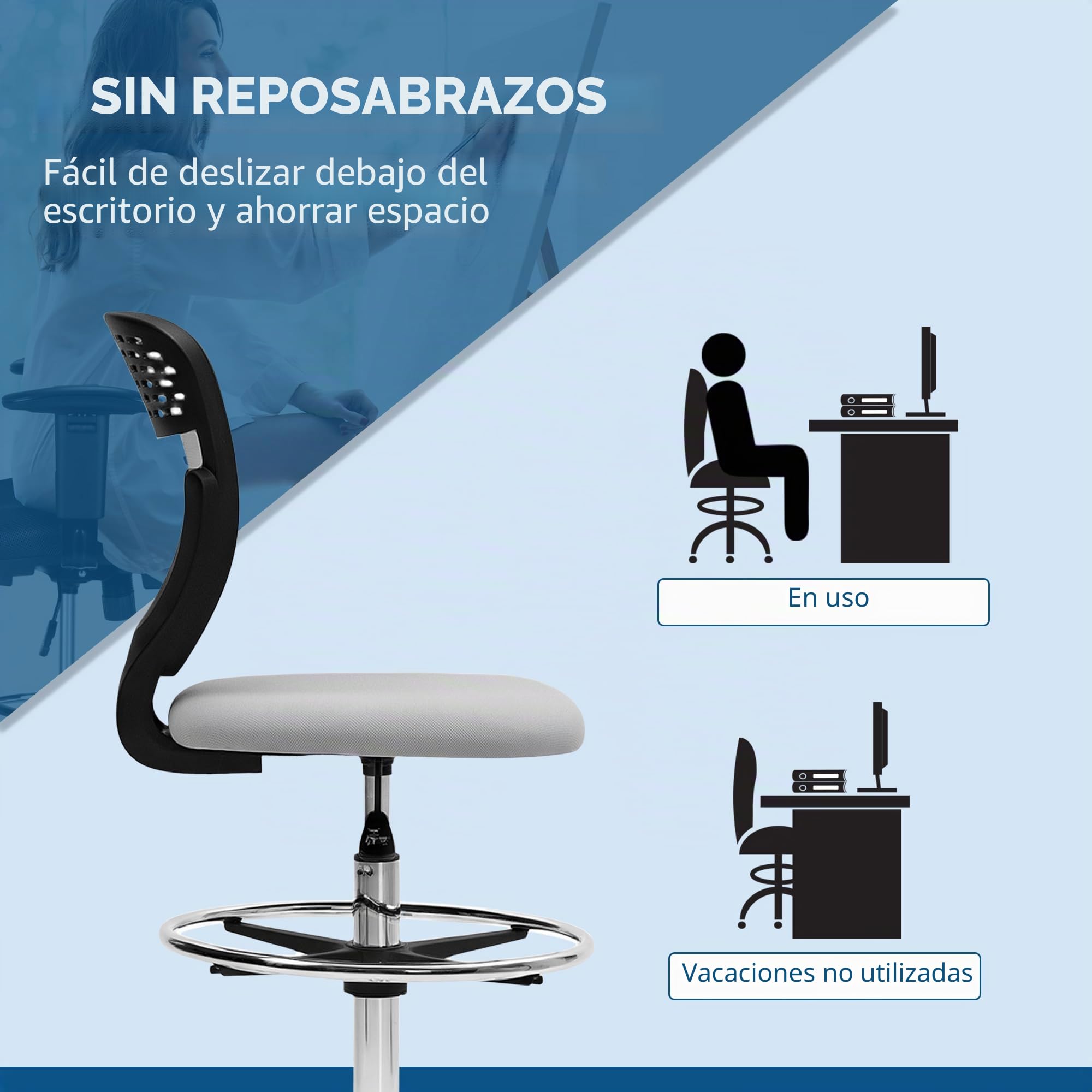 Vinsetto Silla de Oficina ergonómica Taburete de Oficina con reposapiés y sin reposabrazos, Silla de Dibujo de Respaldo Medio de Malla, Altura Ajustable, Asiento Acolchado y Giratorio 360° Gris Claro