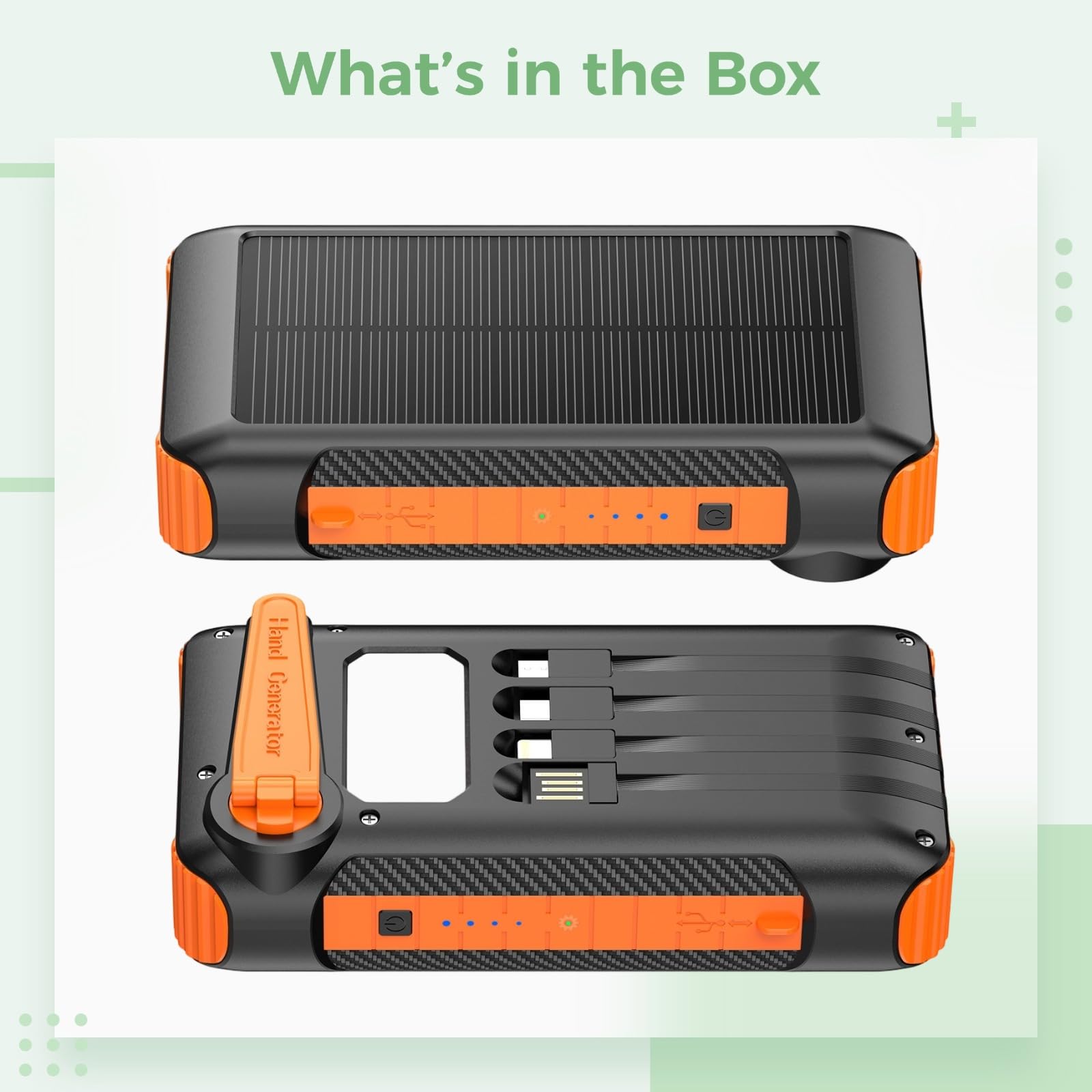 Power Bank da 20000 mAh, caricatore portatile con generatore a manovella, ricarica rapida, 3 cavi di uscita, torcia a LED, luce da campeggio, certificata UKCA per campeggio all'aperto