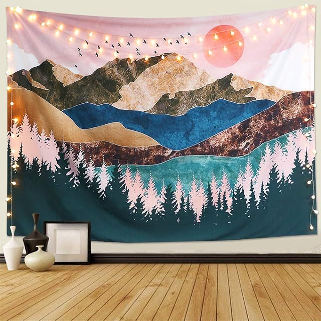 Dremisland Sunset Wall Tapestry Forest Tree Tapestry Mountain Wall Hanging Psychedelic Nature Landscape Tapestry Home Decoration for Bedroom Living Room (Colorful, M/130X150cm(51"X59"))