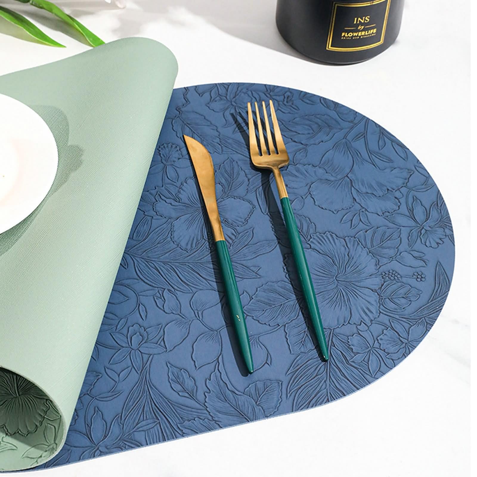 Platzset 8 Personen, Platzset XXL 30x43cm Oval mit Blumenmuster Leder Himmelblau für Küche Restaurant Speisetisch