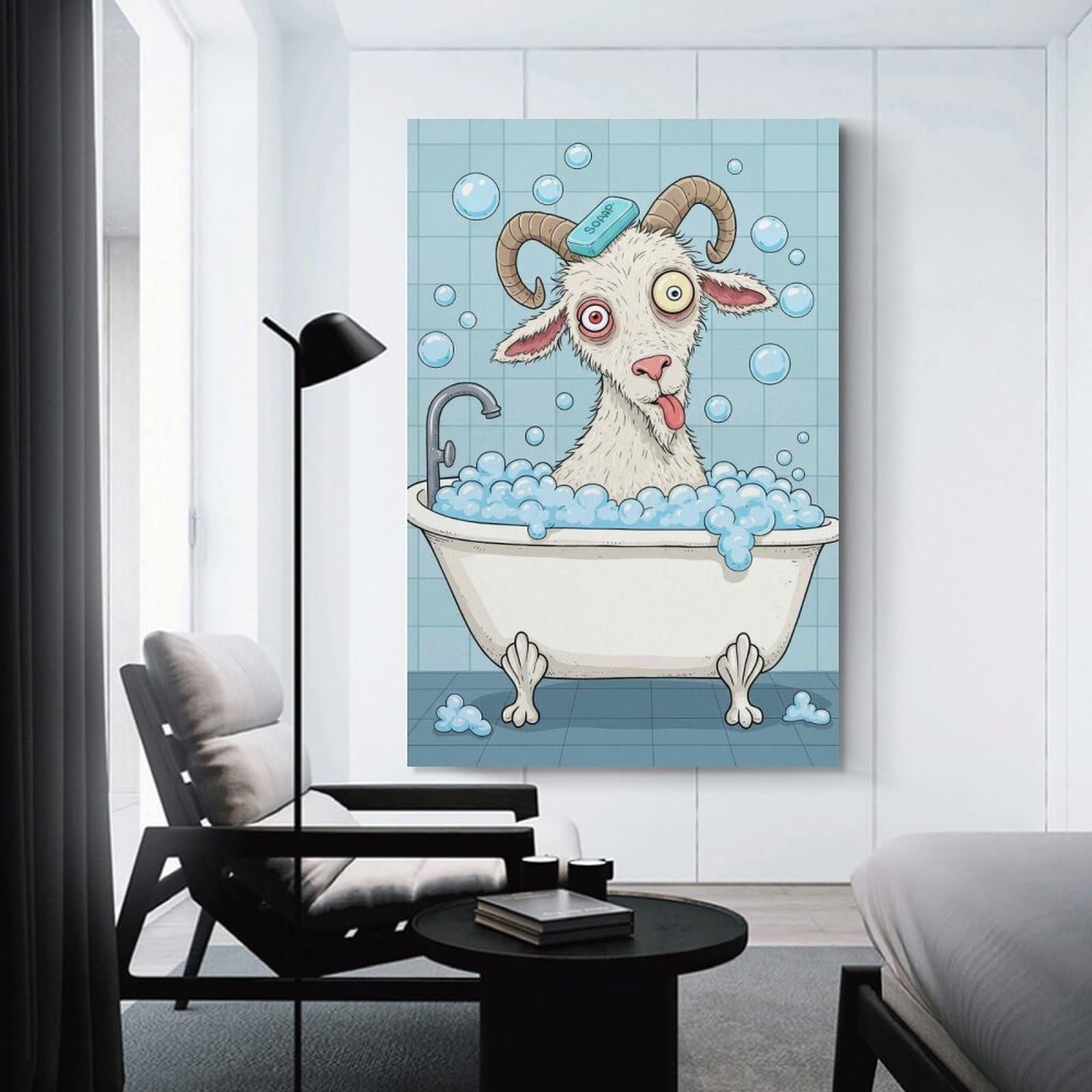 Junmoney Unframe-Style-11 Goat In Bathtub With Soap(2) Wall Picture Print, 24X36inch(60X90cm), For Feature Walls In Flats Or Modern Rooms, Decorative Artwork With Flexible Styling