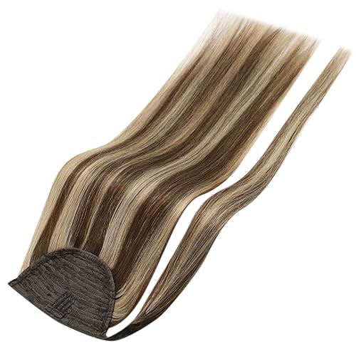 Miniatura 8 de Full Shine Extensiones de cabello humano con clip, color castaño medio, reflejos rubio miel, extensiones de cola de caballo lacias, para mujeres,