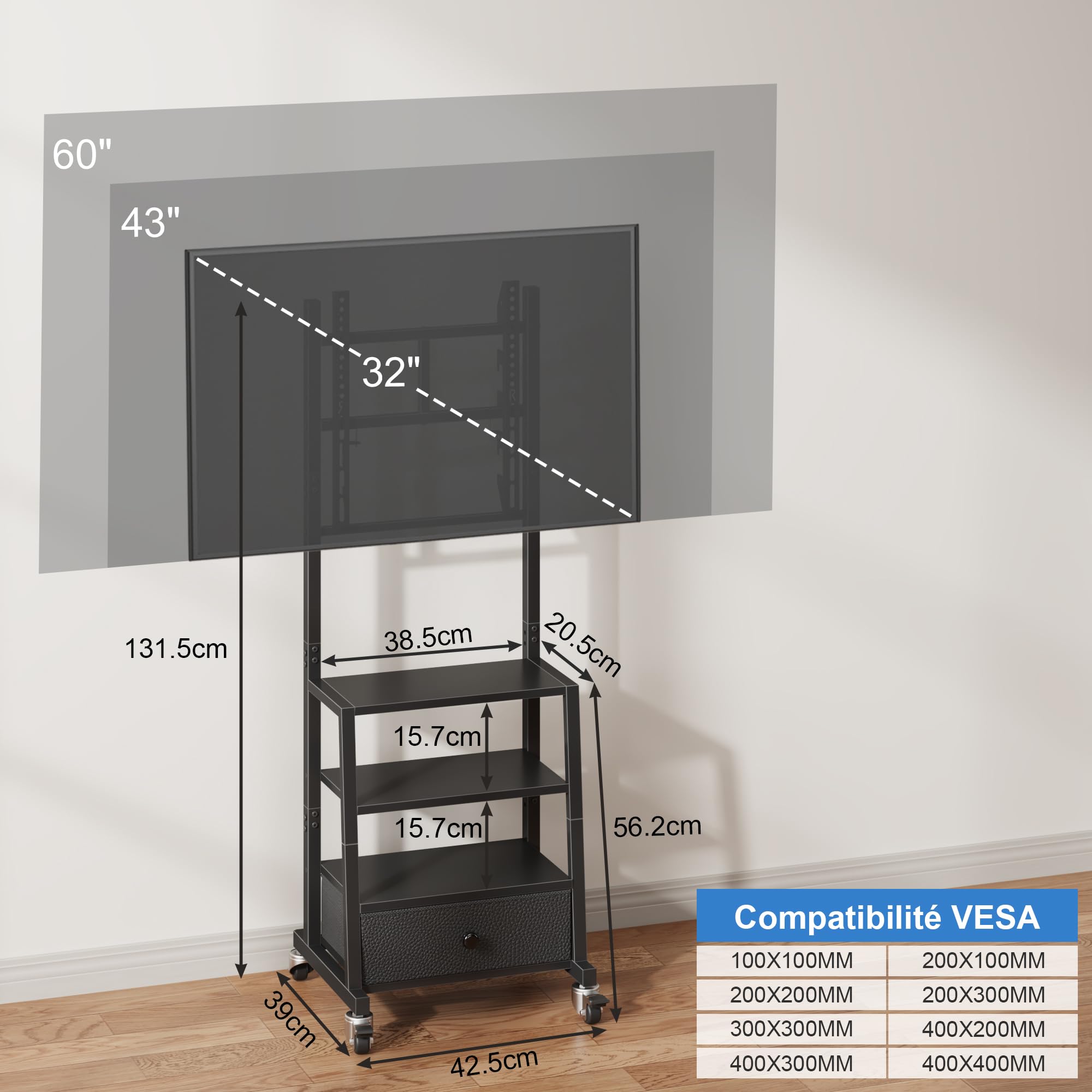 Support TV sur Pieds Support TV roulettes 32-60" VESA 400x400, Noir | Tiroir Tissu, Rangement Étagère, Hauteur Réglable, Charge 40kg, Facile à Assembler, Salon/Chambre/Bureau