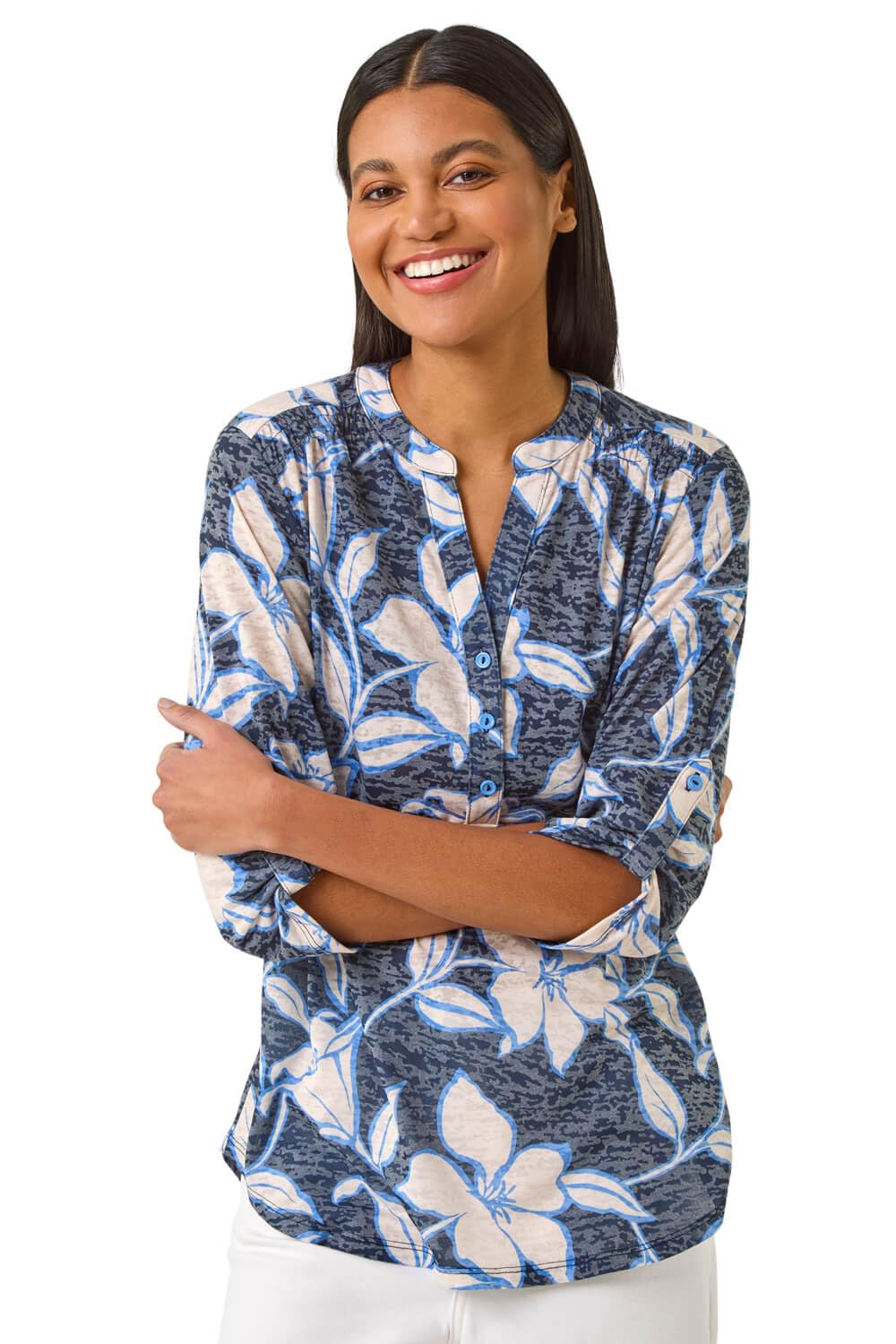 Roman Women's Navy Floral Print Burnout V-Neck Stretch Shirt In | Size: 20