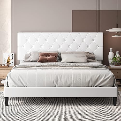 Base de cama de plataforma tamaño Queen con cabecera capitonada ajustable con botones cama tapizada de piel sintética con soporte de listones de