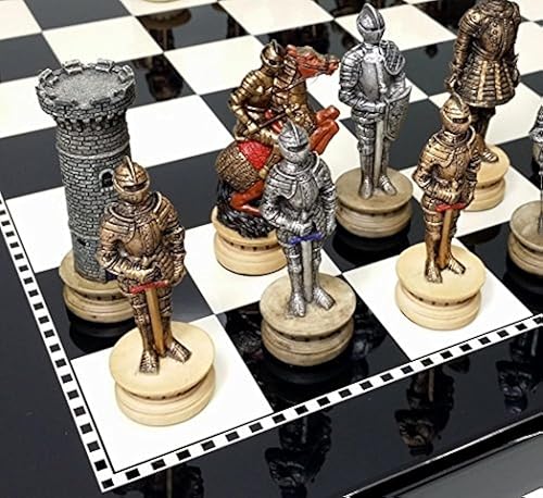 Medieval Times Crusades - Juego de ajedrez de caballeros guerreros dorados y plateados con tablero blanco y negro brillante de 15 pulgadas