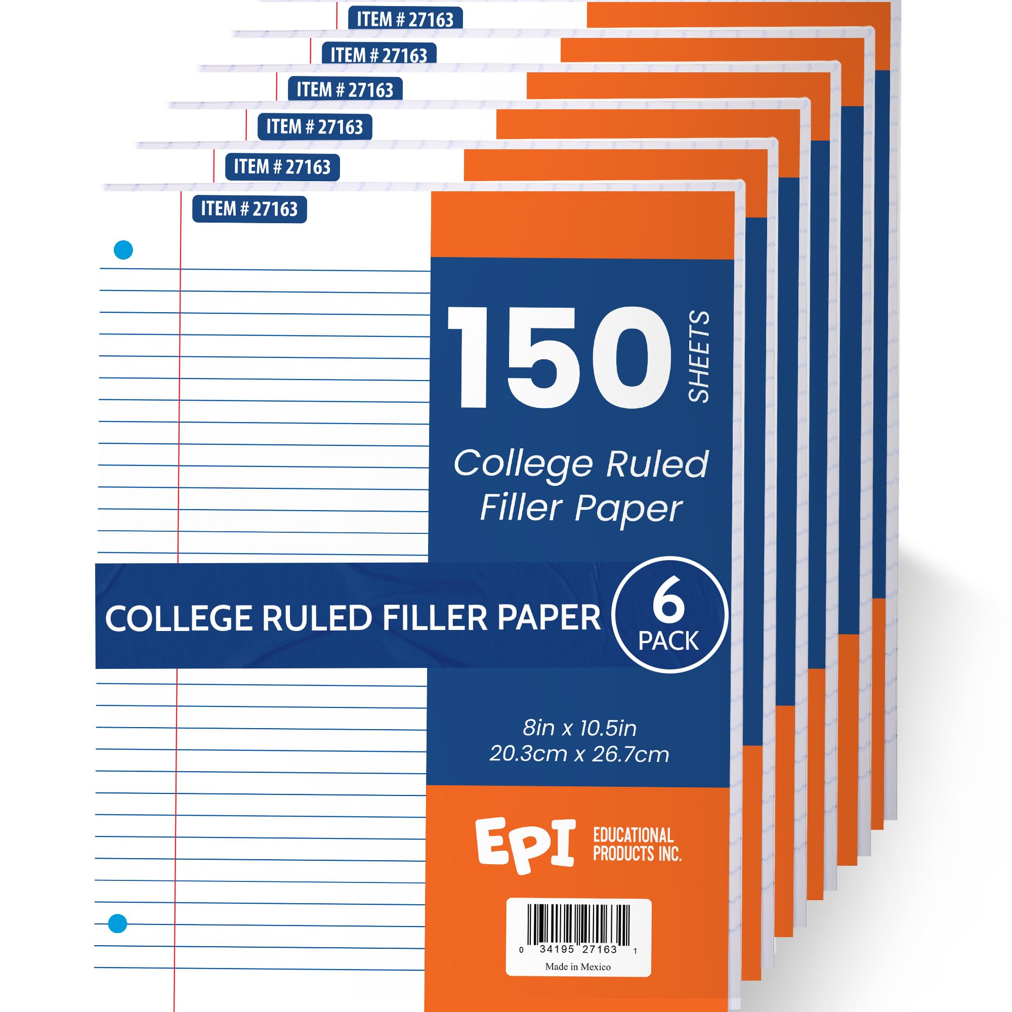 EPI Filler Paper | College Ruled | Loose Leaf, 3-Hole Punched, 10.5 x 8 in, 150 Sheets | School, Office, Notes, Binder Refill - 6 Pack